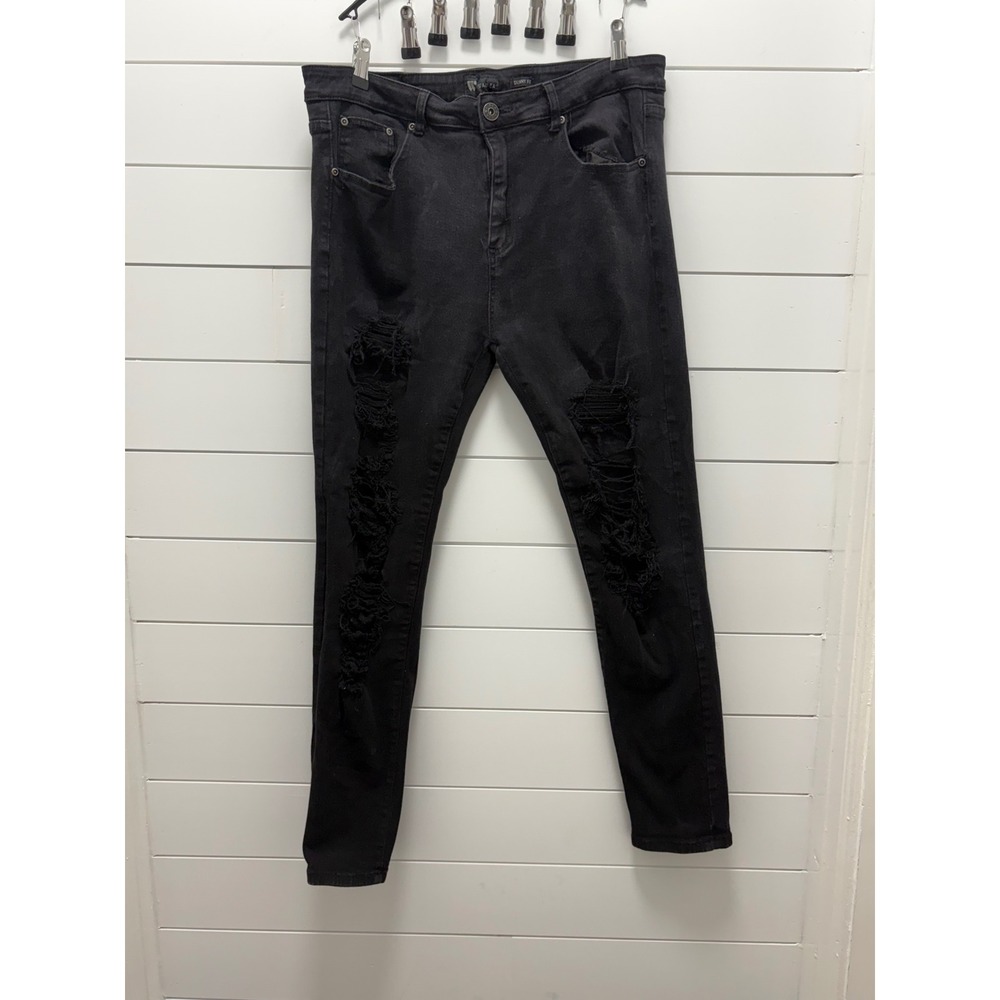 Waimea Mens Distressed Skinny Fit Jeans Black Ripped Denim 36x32